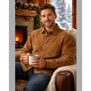 New Vtg Stone Creek Mens Faux Suede Cowboy Button-Down Shirt Size L Buckskin